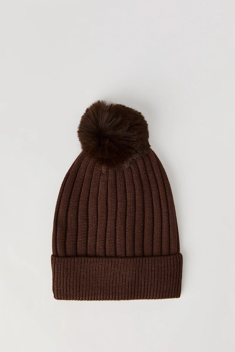 Ribbed Knit Beanie with Pom-Pom