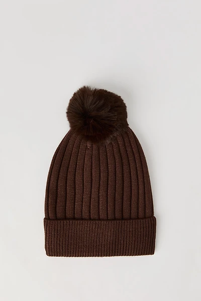 Ribbed Knit Beanie with Pom-Pom