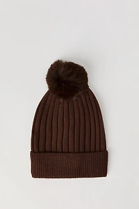 Ribbed Knit Beanie with Pom-Pom