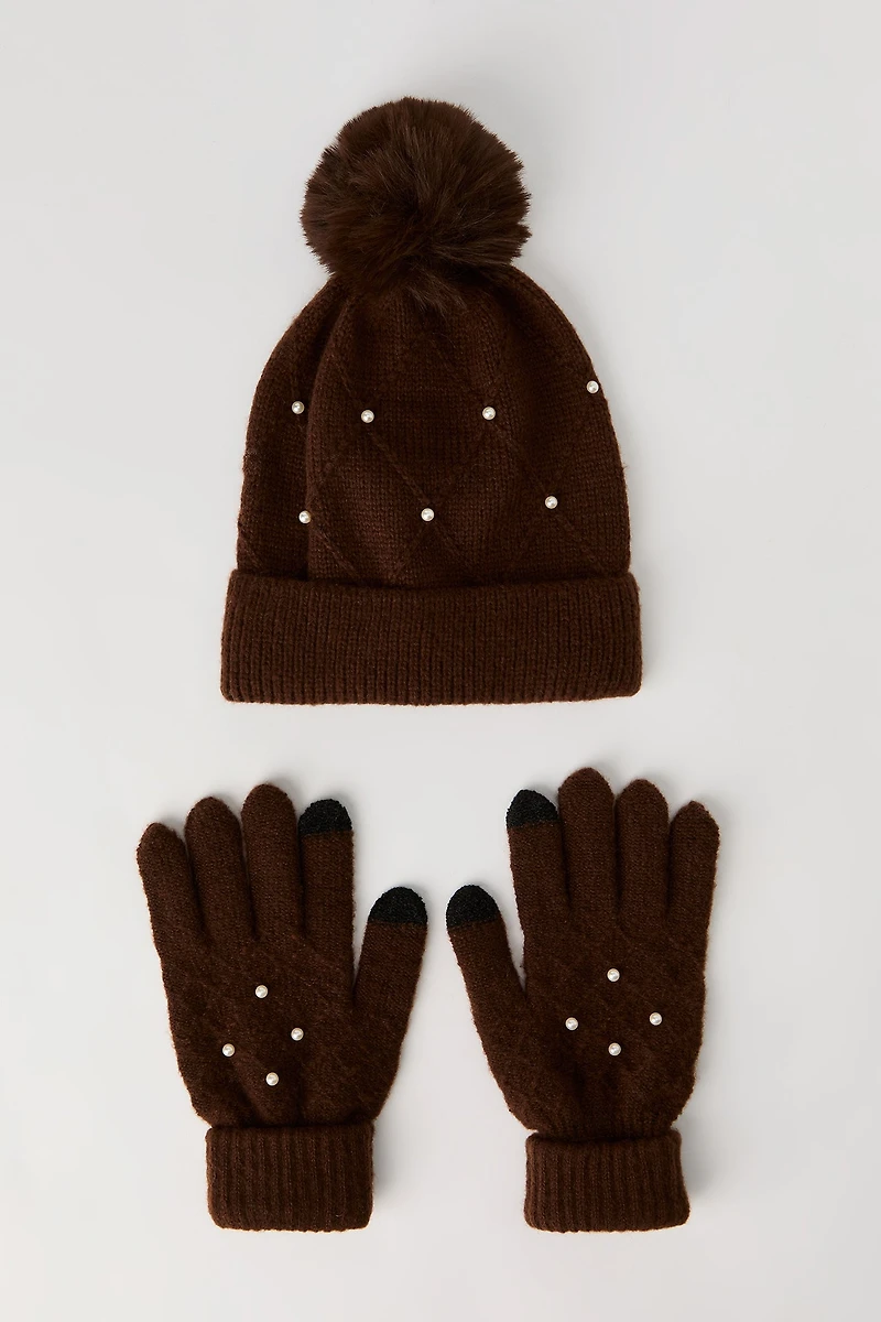 Faux Pearl Diamond Knit Beanie & Gloves Set (3 Pcs)