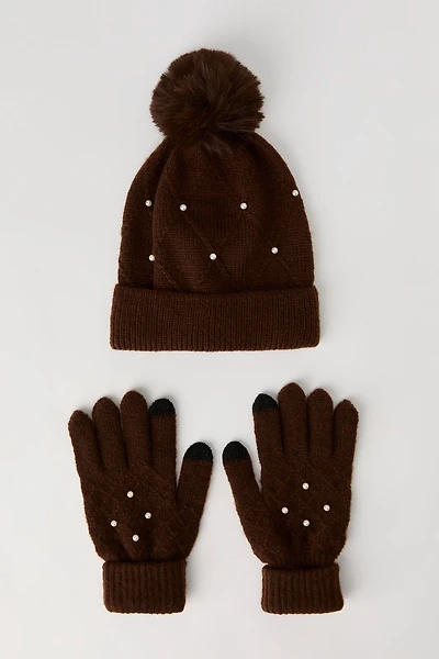 Faux Pearl Diamond Knit Beanie & Gloves Set (3 Pcs)