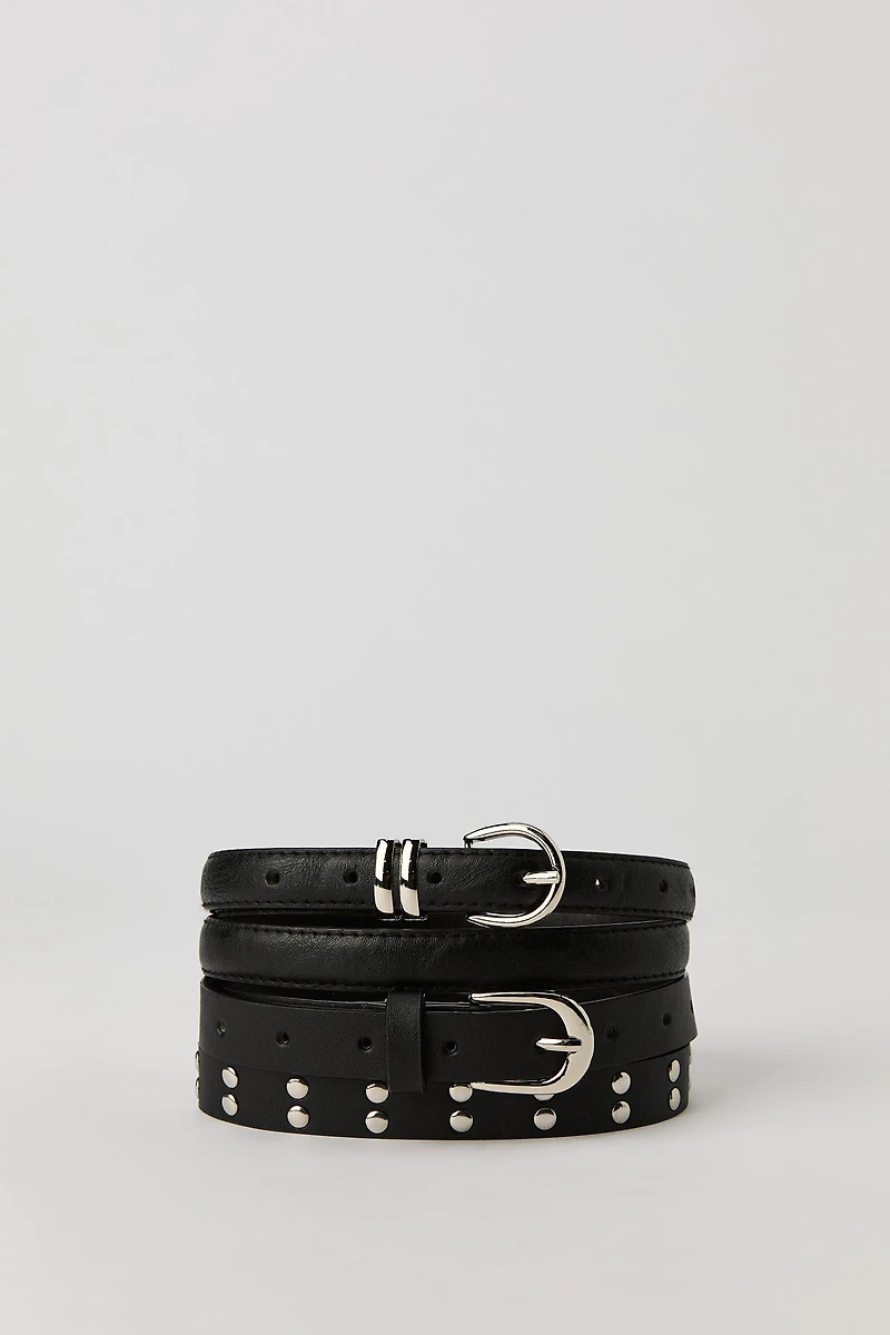 Faux Leather Studded & Solid Belt (2 Pack)
