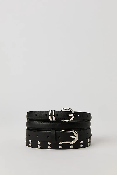 Faux Leather Studded & Solid Belt (2 Pack)