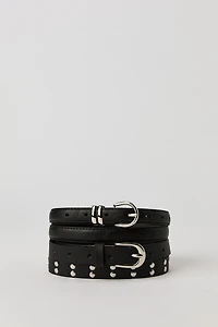 Faux Leather Studded & Solid Belt (2 Pack)