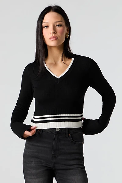 Ribbed Knit V-Neck Cropped Sweater