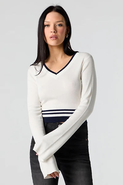 Ribbed Knit V-Neck Cropped Sweater