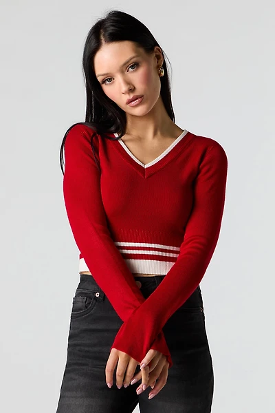 Ribbed Knit V-Neck Cropped Sweater