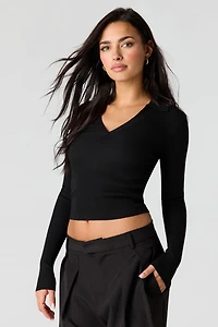 Ribbed Knit Polo Sweater