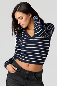 Striped Ribbed Knit Polo Sweater