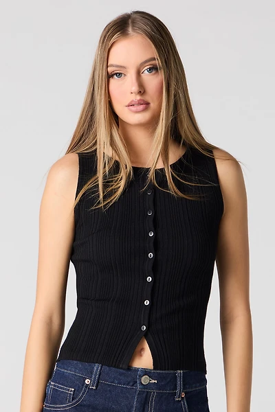 Ribbed Knit Button Front Vest Tank