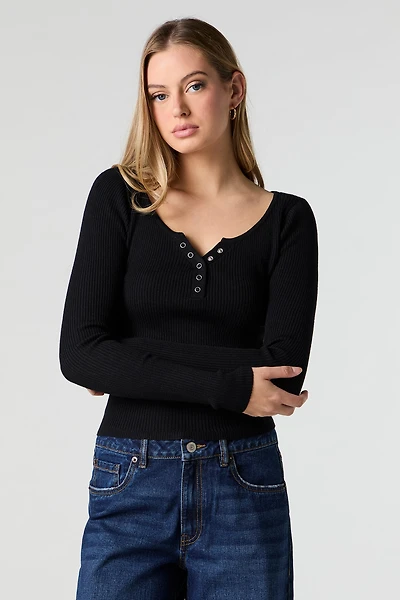 Ribbed Henley Long Sleeve Top