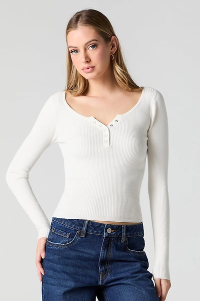 Ribbed Henley Long Sleeve Top