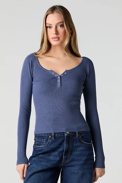 Ribbed Henley Long Sleeve Top