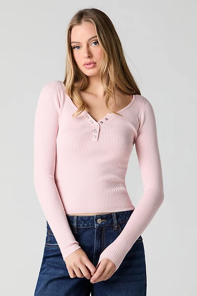 Ribbed Henley Long Sleeve Top