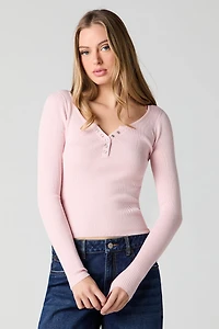 Ribbed Henley Long Sleeve Top