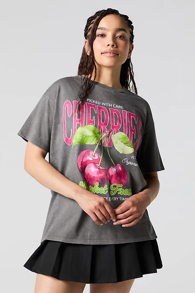 Cherries Graphic Washed Boyfriend T-Shirt