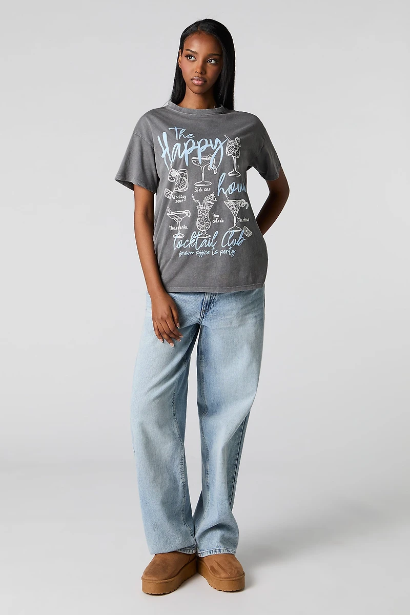 T-shirt délavé à imprimé Happy Hour