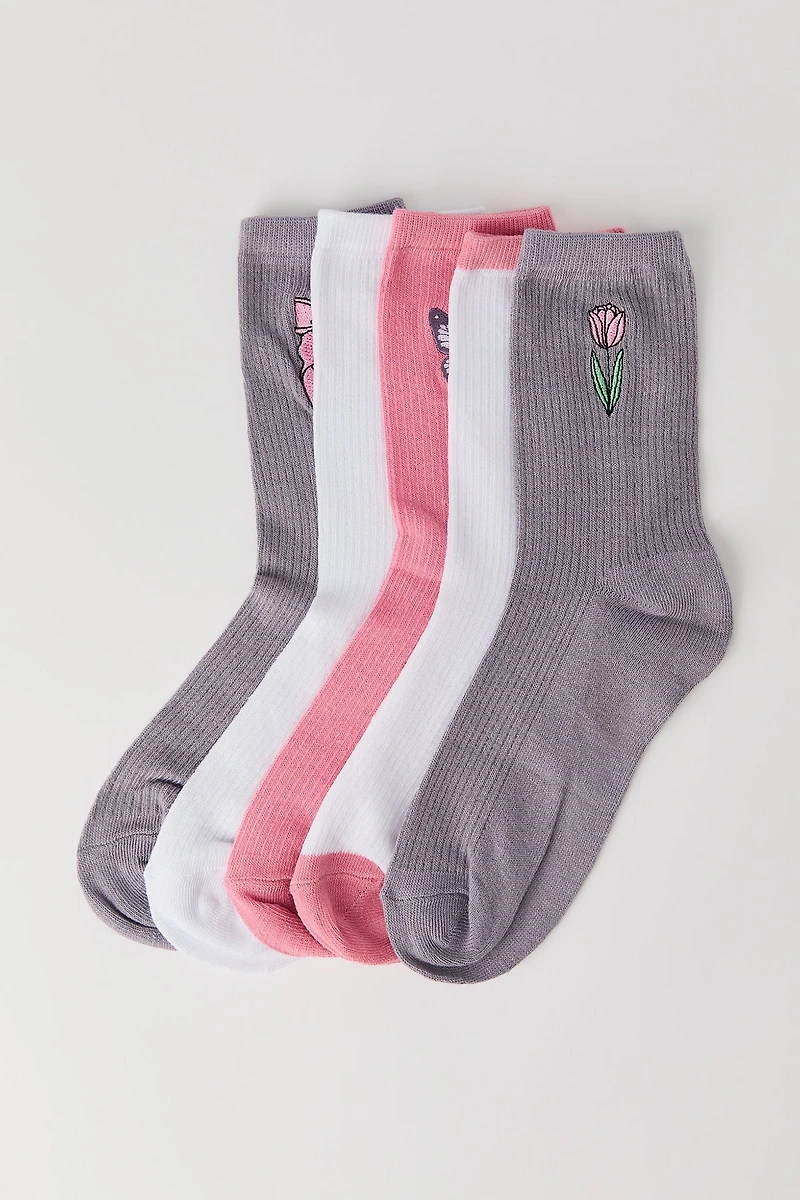 Embroidered Ribbed Crew Socks (5 Pack)