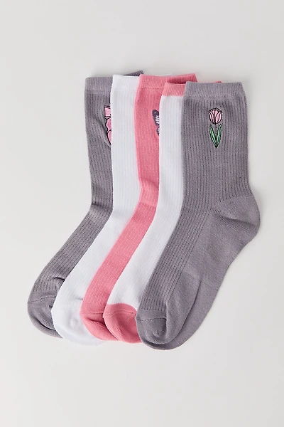 Embroidered Ribbed Crew Socks (5 Pack)