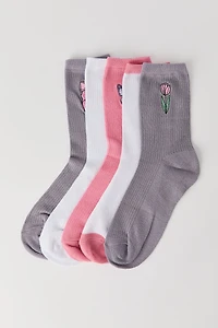 Embroidered Ribbed Crew Socks (5 Pack)