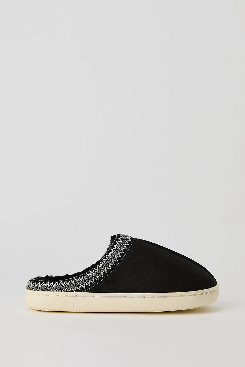 Faux Fur Lined Embroidered Trim Slipper