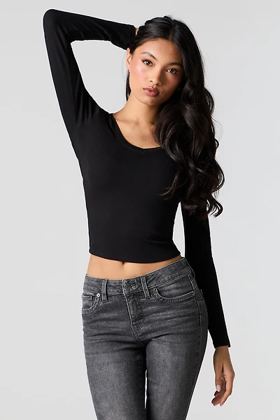 Ribbed V-Neck Long Sleeve Top
