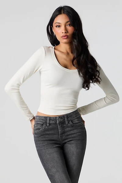 Ribbed V-Neck Long Sleeve Top