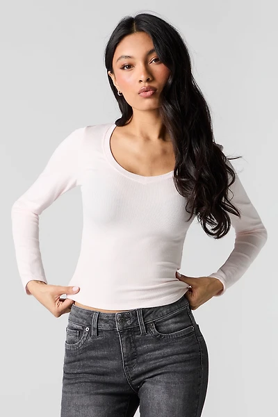 Ribbed V-Neck Long Sleeve Top