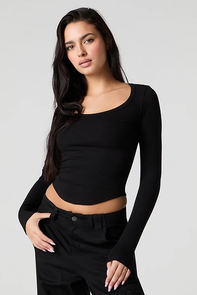 Ribbed Scoop Neck Curved Long Sleeve Top