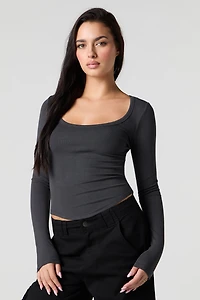 Ribbed Scoop Neck Curved Long Sleeve Top