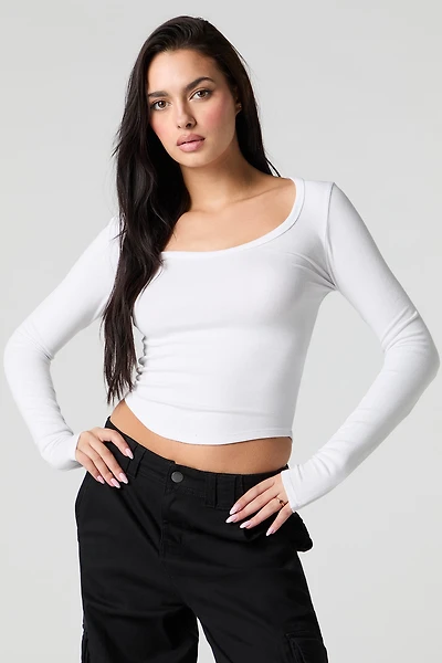 Ribbed Scoop Neck Curved Long Sleeve Top