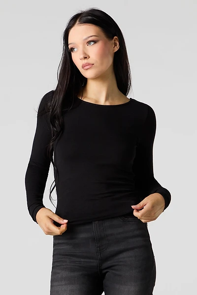 Ribbed Boat Neck Long Sleeve Top