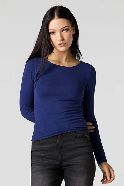 Ribbed Boat Neck Long Sleeve Top