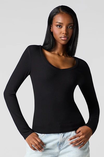 Classic Ribbed V-Neck Long Sleeve Top