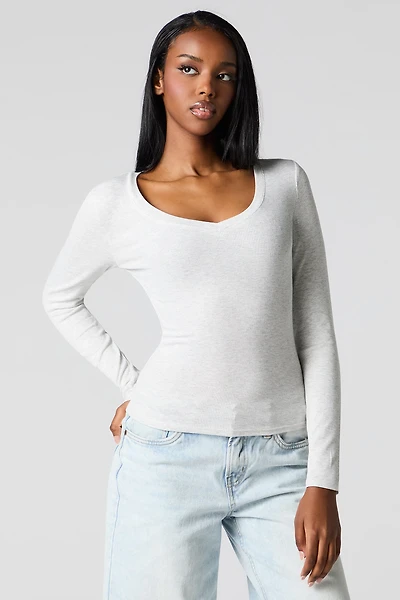Classic Ribbed V-Neck Long Sleeve Top