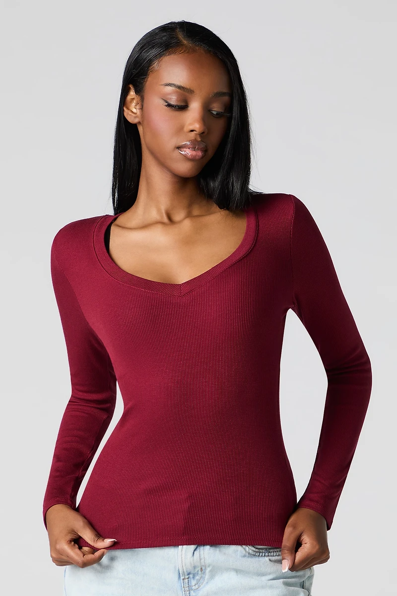 Classic Ribbed V-Neck Long Sleeve Top