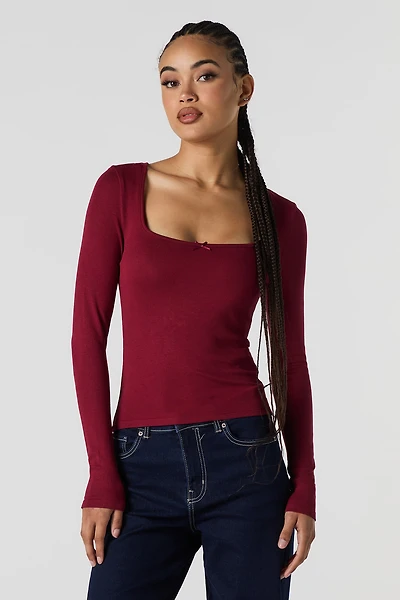 Ribbed Square Neck Long Sleeve Top