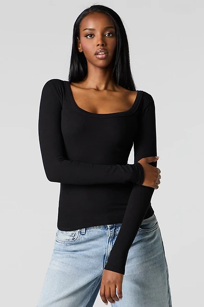 Classic Ribbed Scoop Neck Long Sleeve Top