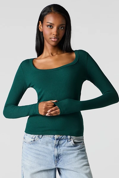 Classic Ribbed Scoop Neck Long Sleeve Top