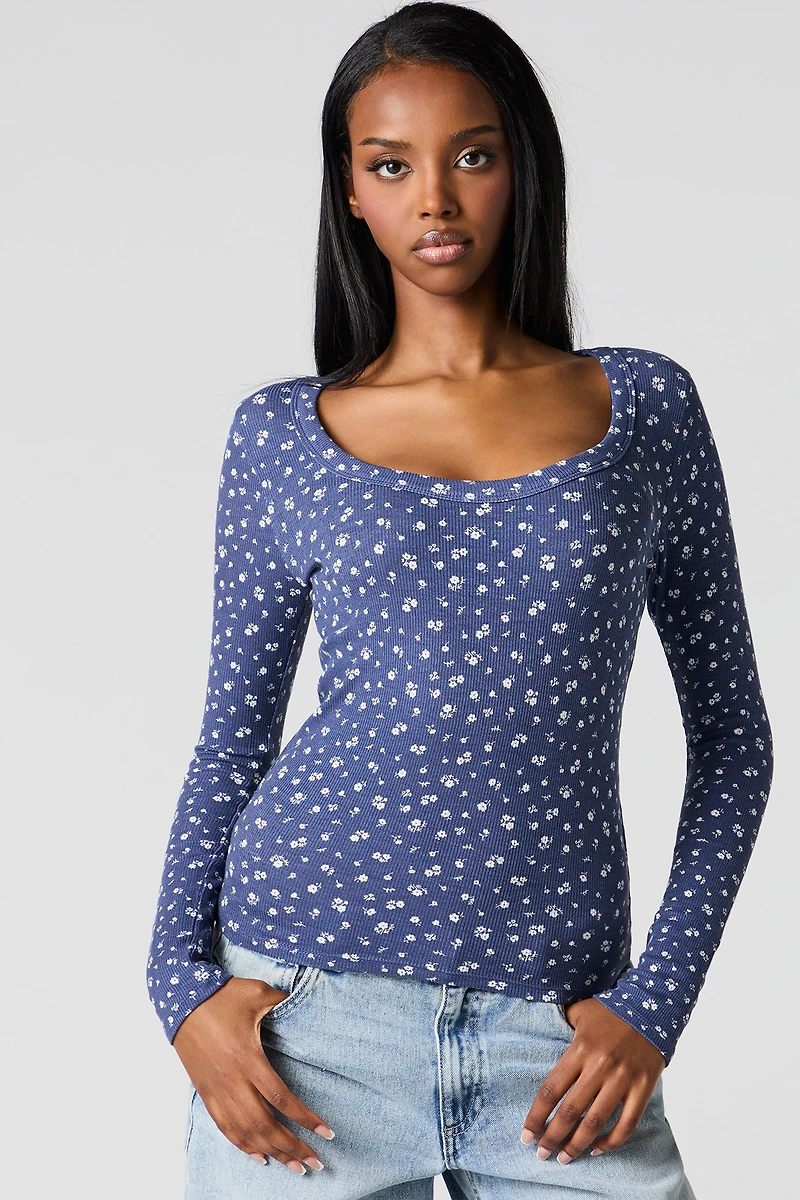 Classic Ribbed Scoop Neck Long Sleeve Top