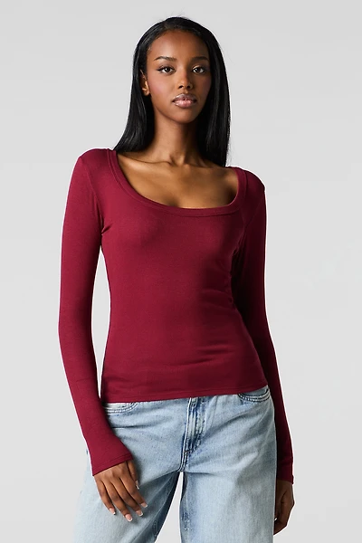 Classic Ribbed Scoop Neck Long Sleeve Top