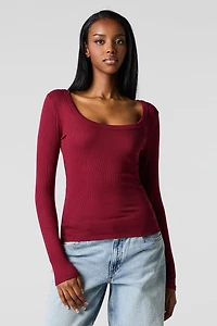 Classic Ribbed Scoop Neck Long Sleeve Top