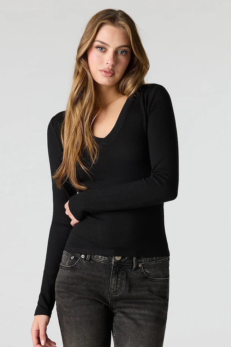 Ribbed V-Neck Long Sleeve Top