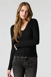 Ribbed V-Neck Long Sleeve Top