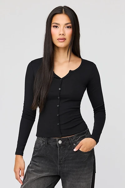 V-Notch Button-Up Long Sleeve Top