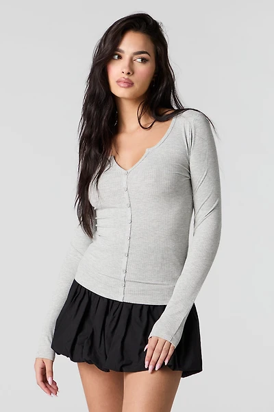 Ribbed Button-Up Long Sleeve Top