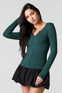 Ribbed Button-Up Long Sleeve Top