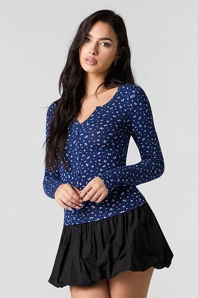 Ribbed Button-Up Long Sleeve Top