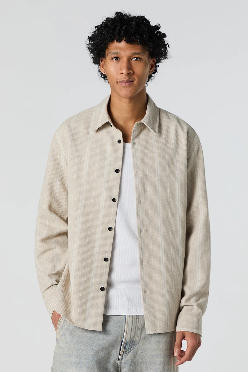Textured Striped Long Sleeve Button-Up Top