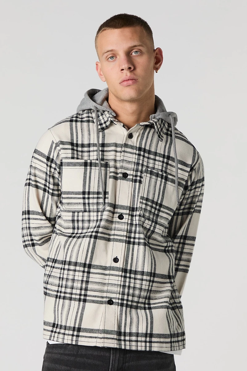 Plaid Flannel Button-Up Top with Hood
